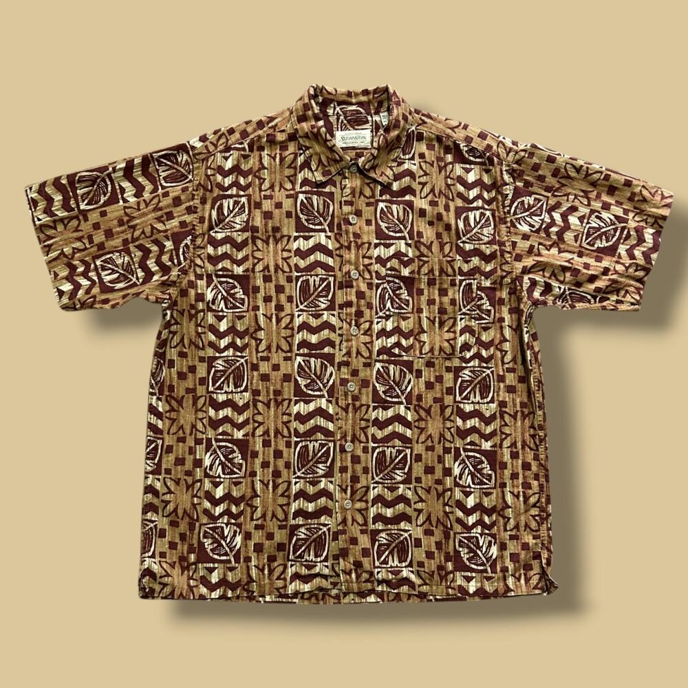Vintage Hawaiian Shirt Linen Leaf Print St Johns Bay Button Up 90s Medium Brown